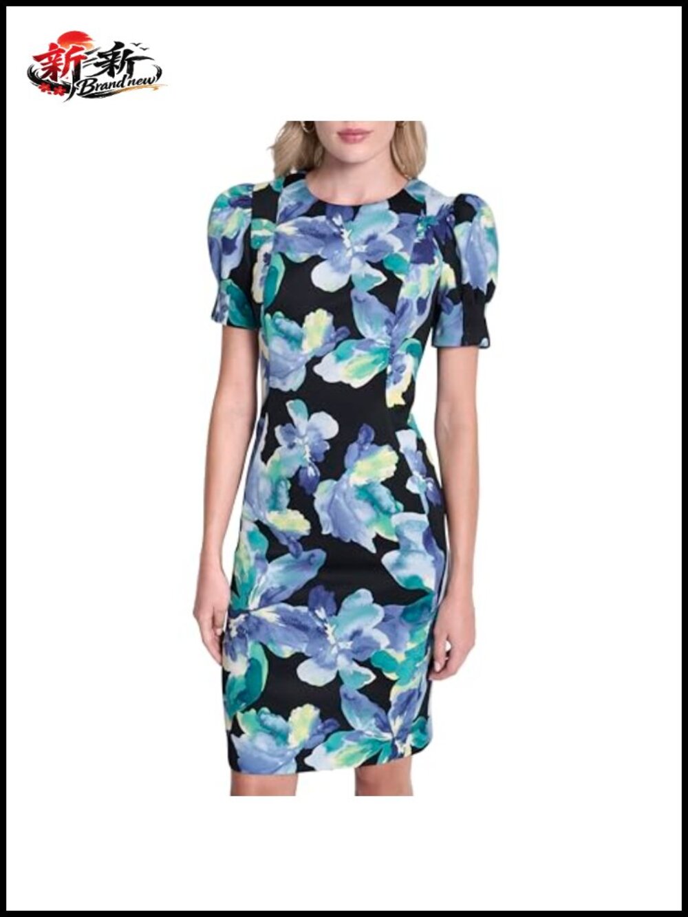 Sheath Dress with Puff Sleeves Exposed Back Zipper Knee Length Business Casual